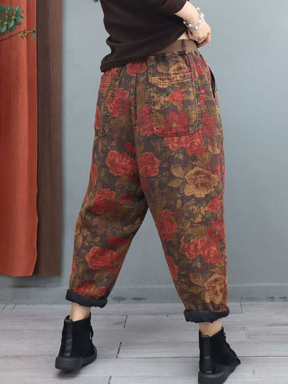 Vintage Flower Print Elastic Waist Harem Pants With Belt