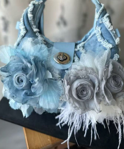 Fashion Blue Floral Tassel Denim Tote Handbag