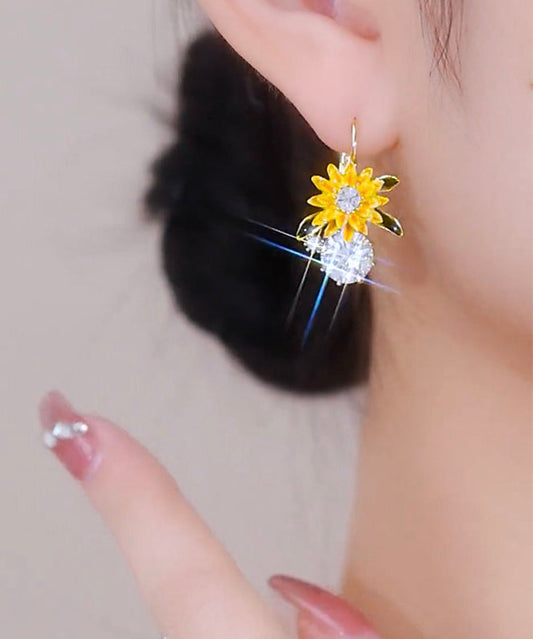Fashion Gold Copper Overgild Zircon Sunflower Drop Earrings