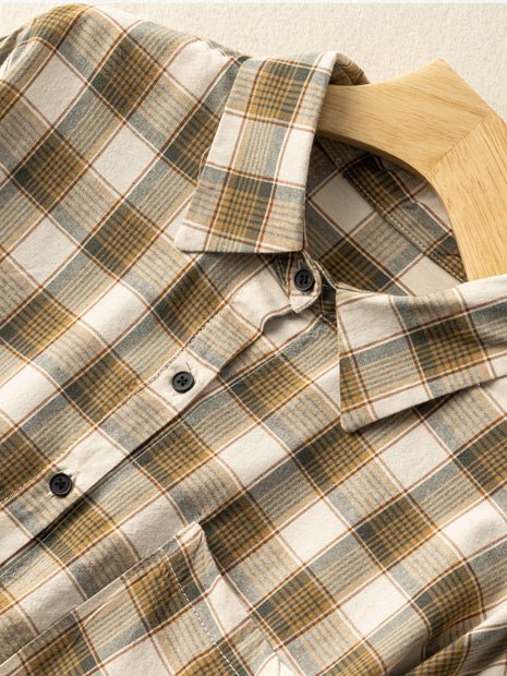 100% Natural Fabric Vintage Loose Mid Length Plaid Shirt