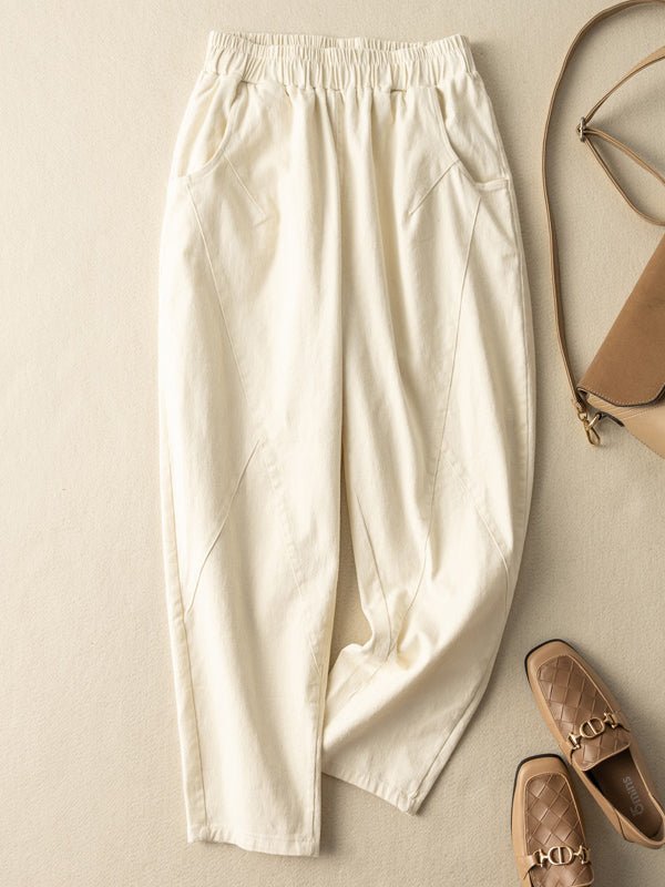 100% Natural Fabric Loose Ninth Pants With Pocket In Solid Color