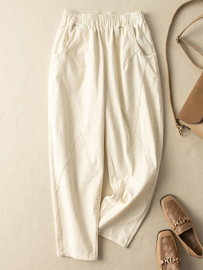 100% Natural Fabric Loose Ninth Pants With Pocket In Solid Color