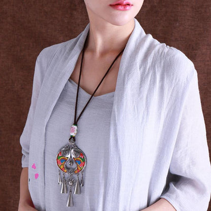 Women Vintage Floral Silver Fashion Long Necklace