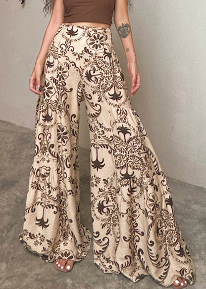 Chic Apricot Print Pockets Cotton Wide Leg Pants Summer