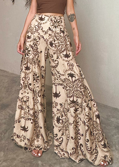 Chic Apricot Print Pockets Cotton Wide Leg Pants Summer