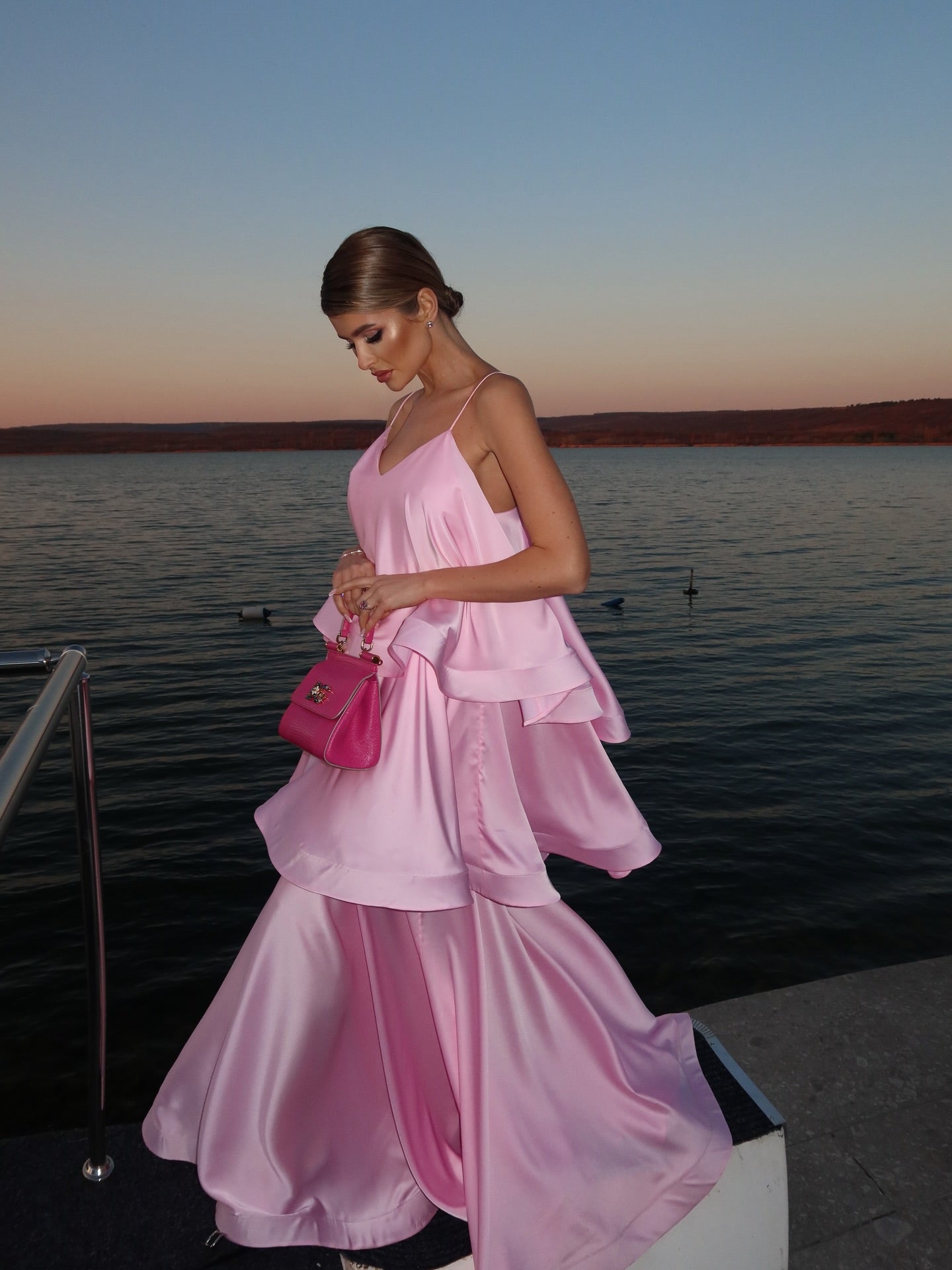 Pink Satin V-Neck Spaghetti Strap Tiered Ruffle Maxi Evening Gown