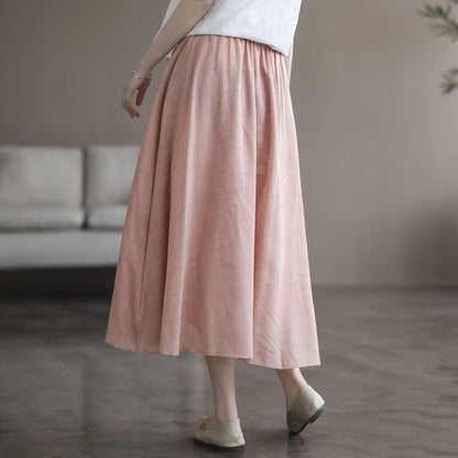 Vintage Double Cotton Linen Embroidered Buckle A-Line Skirt