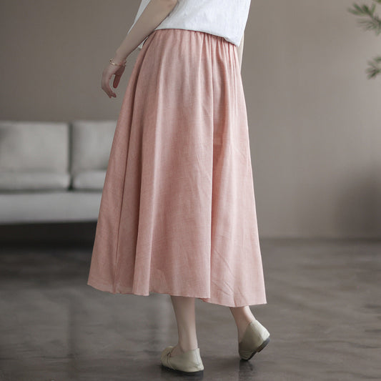 Vintage Double Cotton Linen Embroidered Buckle A-Line Skirt