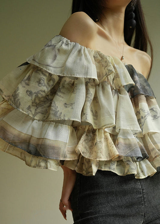 French Cold Shoulder Ruffled Print Chiffon Shirt Half Sleeve