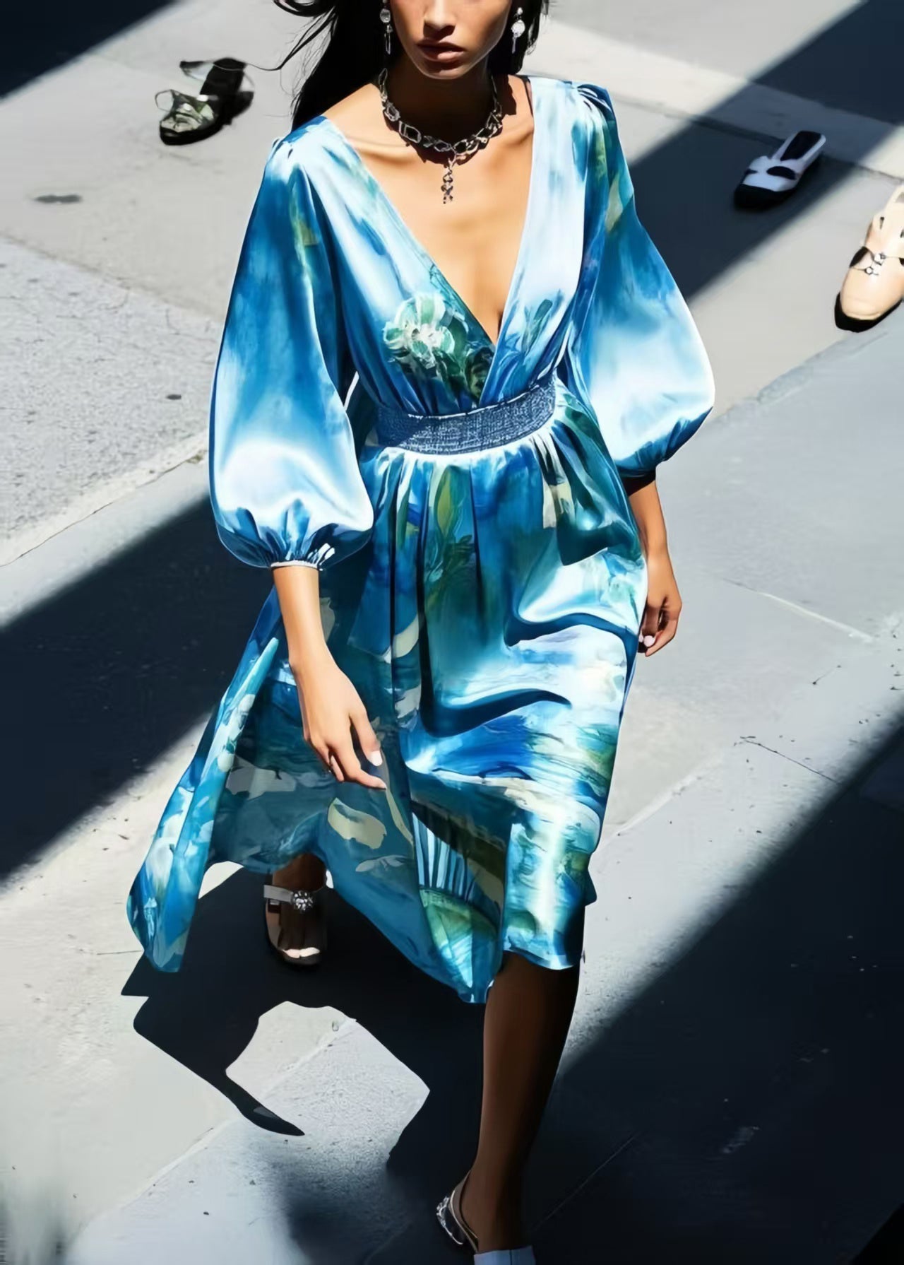 Boho Blue Print Silk Tunic Dress Bracelet Sleeve