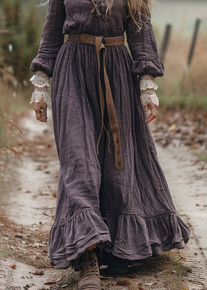 Loose V Neck Ruffled Lace Patchwork Cotton Long Dress Spring