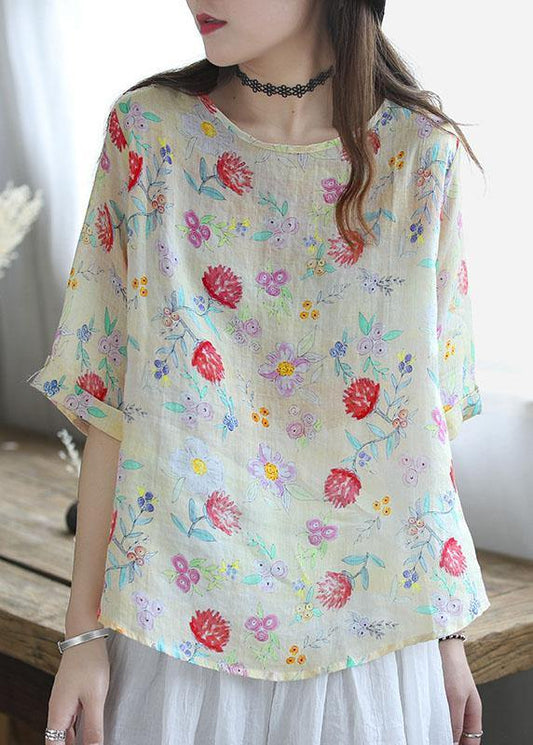 Natural White O-Neck Print Patchwork Summer Ramie Shirt Tops