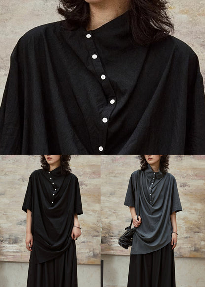 Plus Size Black Stand Collar Button Cotton Blouses Half Sleeve
