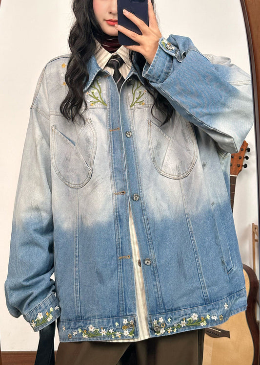 Plus Size Gradient Color Embroidered Pockets Denim Coats Fall