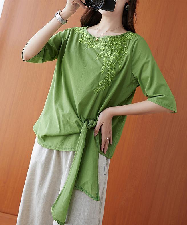 Natural green embroidery clothes o neck Bow tunic