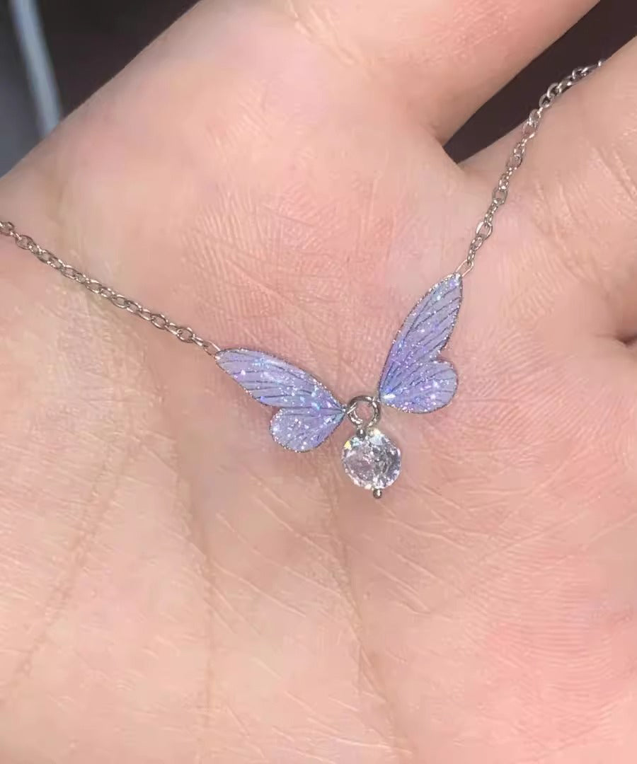 Simple Black Alloy Zircon Butterfly Pendant Necklace