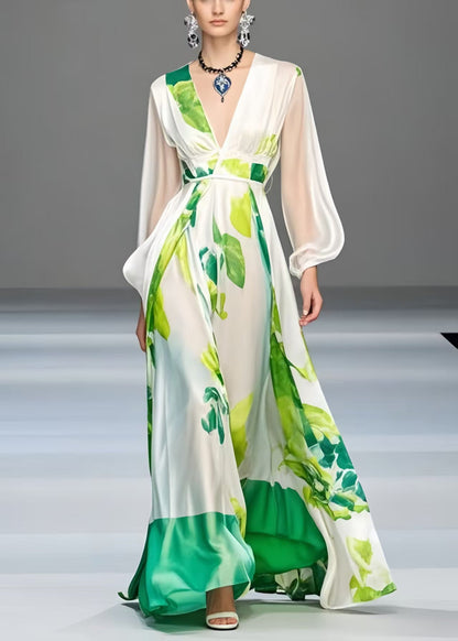 Elegant White Print Exra Large Hem Silk Robe Dresses Spring