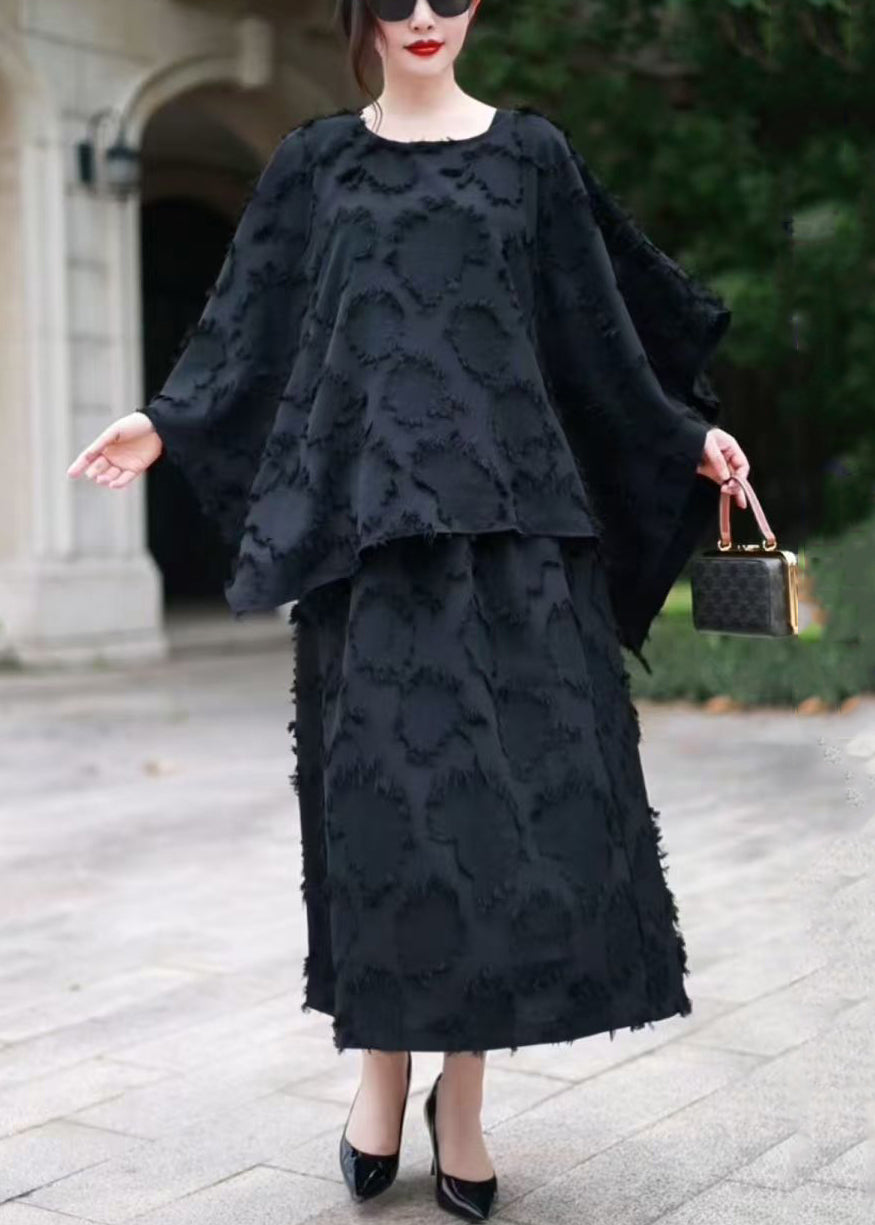 Loose Black O Neck Tops And Skirts Cotton Sets 2 Pieces Spring