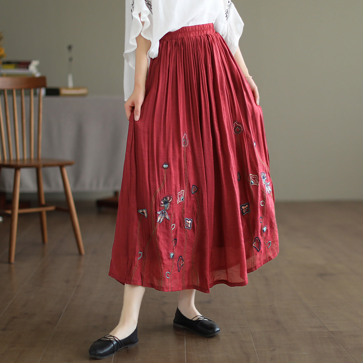 Cozy Retro Floral Print Double-Layer Linen Skirt