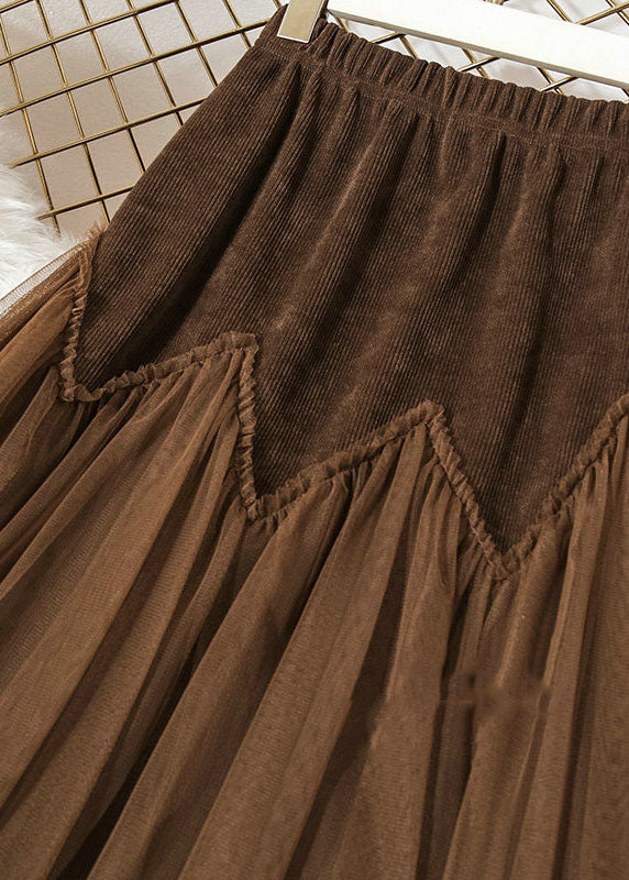 Boho Coffee High Waist Patchwork Corduroy Wrinkled Tulle Skirt Spring