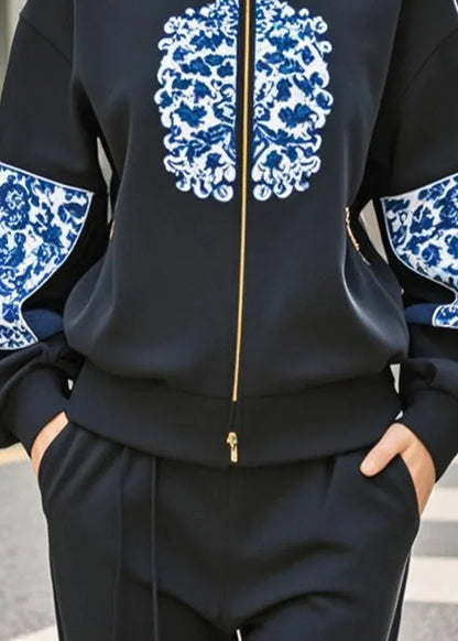 Natural Black Stand Collar Patchwork Print Cotton Sweatshirt Fall