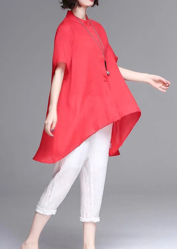Beautiful stand collar asymmetric cotton women red box blouse summer