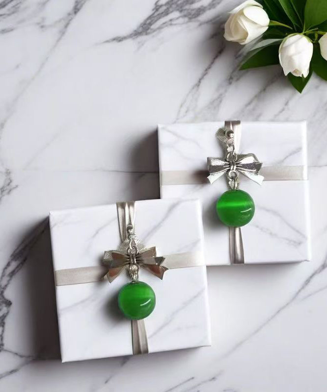 Women Green Copper Alloy Cat's Eye Stone Bow Drop Earrings