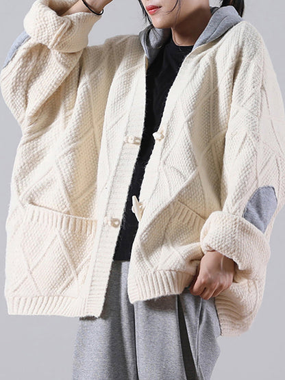 Plus Size - Hooded Knitted Pocket Patchwork Sweater Coat