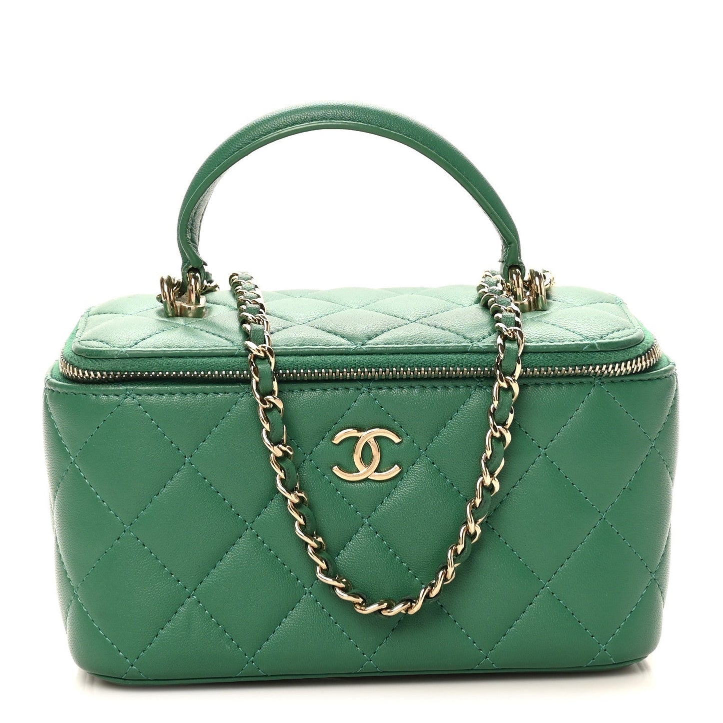 Lambskin Quilted Small Top Handle Vanity Case With Chain Green