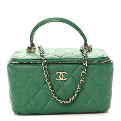 Lambskin Quilted Small Top Handle Vanity Case With Chain Green
