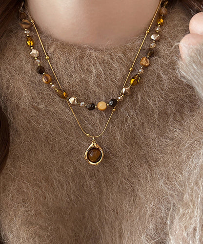 Fashion Gold Copper Overgild Tiger Eye Stone Beading Pendant Necklace Two Piece Set
