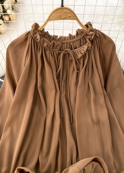 Fashion Brown Ruffled Patchwork Chiffon Maxi Skirt Spring