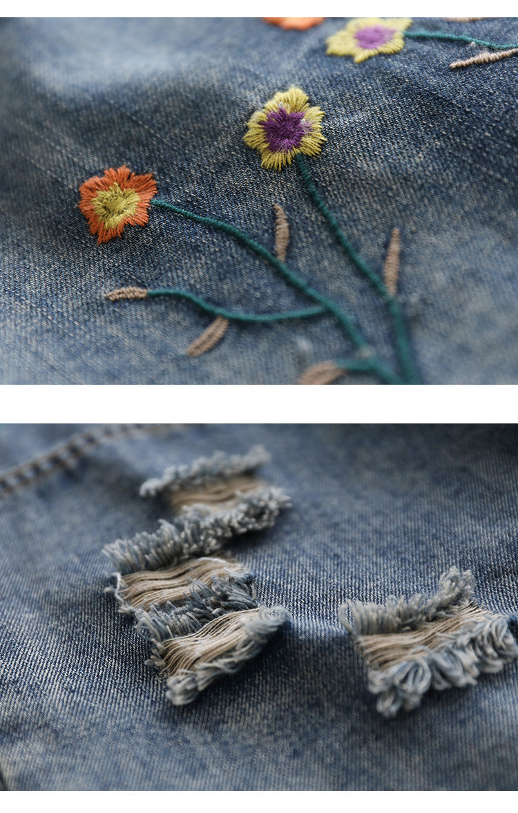 Vintage Denim Shredded Embroidered A-Line Skirt