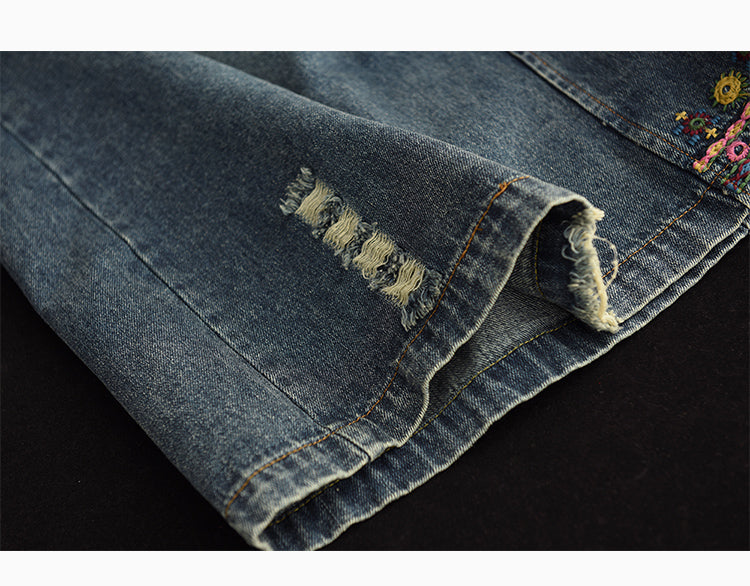Vintage Embroidered Ripped Denim Slim A-Line Skirt
