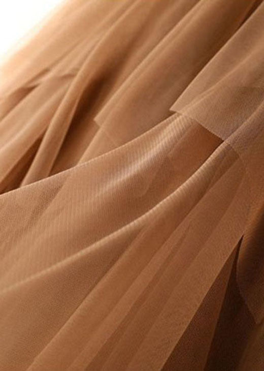 Casual Coffee Asymmetric Design Elastic Waist Tulle Skirts Spring