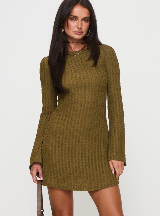 Lukea Long Sleeve Ribbed Mini Dress Olive