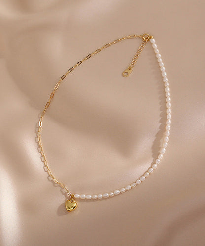 Chic Colorblock 14K Gold Asymmetrical Patchwork Pearl Love Pendant Necklace