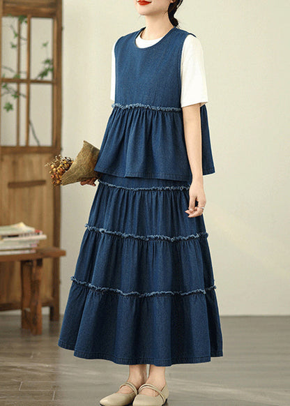 Loose Navy Ruffled Patchwork Denim Top And Maxi Skirts Two Piece Set Sleeveless