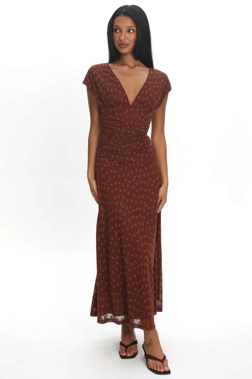 Caramel Floral Print V-Neck Cap Sleeve Ruched Waist Fitted Midi Dress