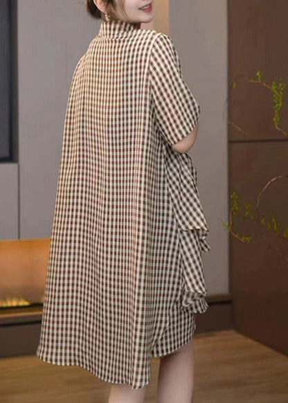 Bohemian Brown Oversized Plaid Cotton Two Pieces Set Summer