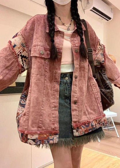 Vintage Pink Peter Pan Collar Button Patchwork Denim Coat Spring