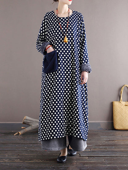 Women Vintage Dot Pocket Loose Thick Dress