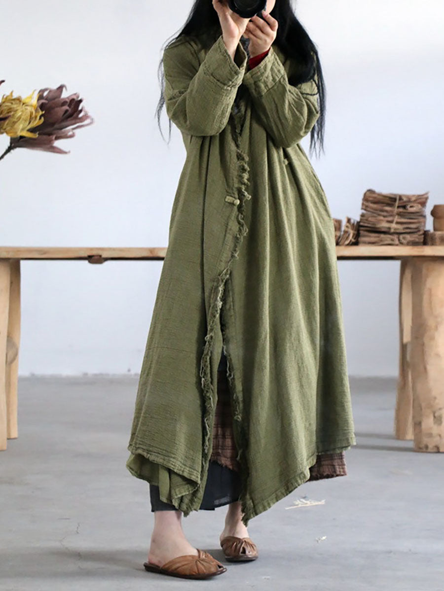 Women Artsy Worn Burrs Solid Button Irregular Long Coat