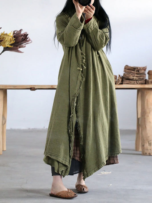 Women Artsy Worn Burrs Solid Button Irregular Long Coat