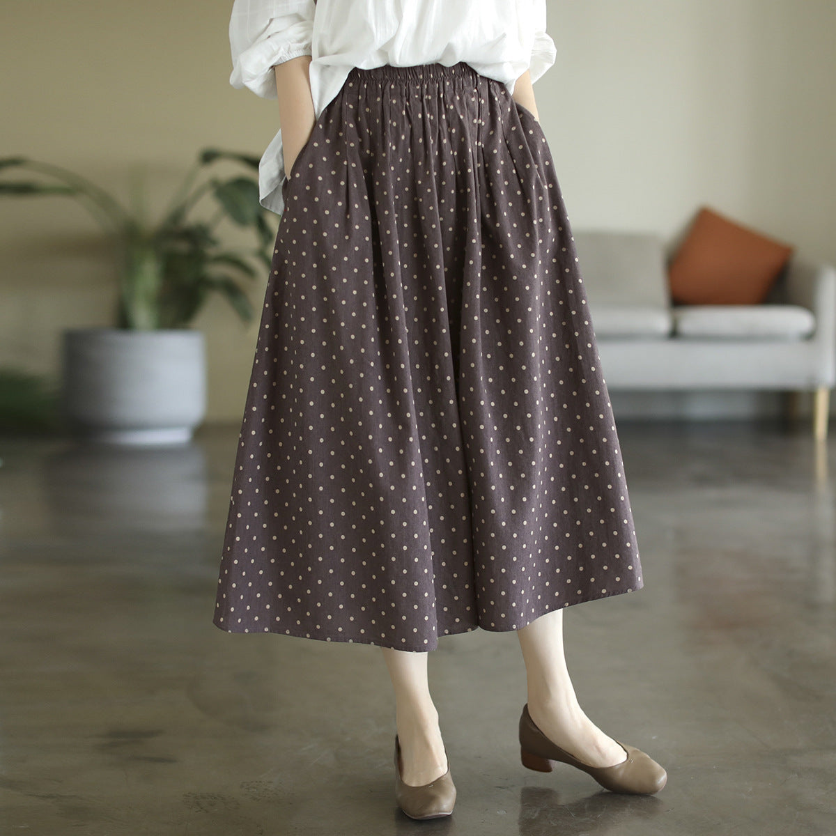 Literary Temperament High Waist Polka Dot Skirt
