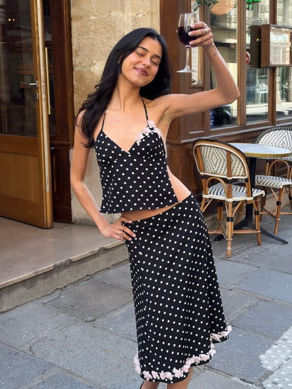 Polka Dot Halter Floral Trim Two-Piece Set