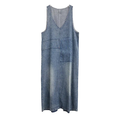 Vintage Literary Washed V-Neck Sleeveless Denim Dress