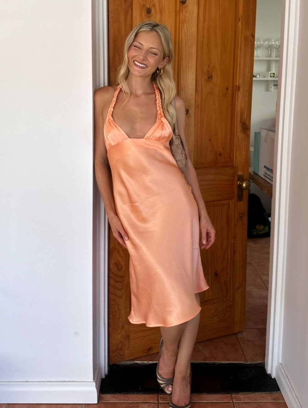 Peach Satin Braid Halter Deep V Midi Dress