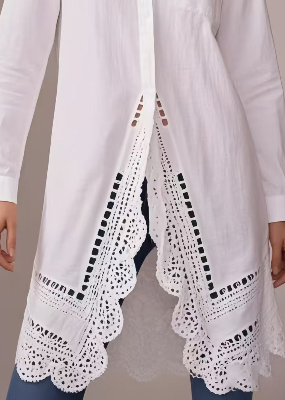 Plus Size White Oversized Hollow Out Cotton Long Shirts Spring