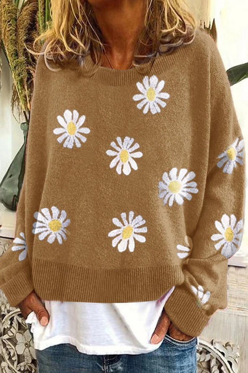 Round Neck Floral Print Casual Sweater